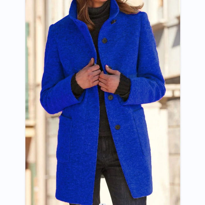Women's Mid-Length Wool Blend Coat with Stand Collar and Patch Pockets Mune Fashion