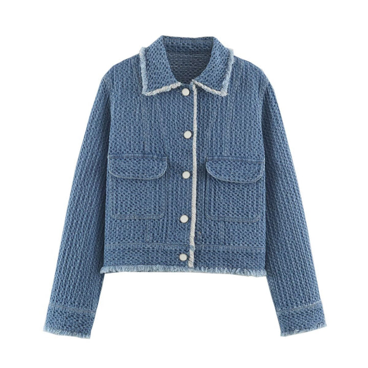 Ladies Cropped Boxy Denim Jacket with Waffle Texture, Patch Pockets and Fringe Trim Mune Fashion