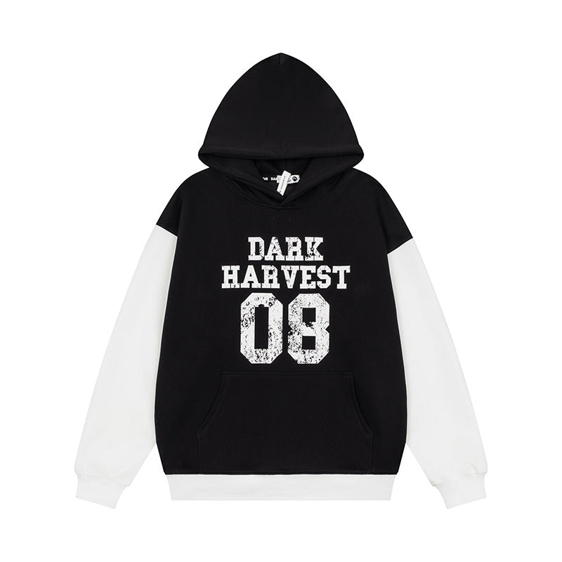 Women's College Style Hoodie Sweatshirt with Contrast Sleeves, Kangaroo Pocket and Vintage Print Mune Fashion