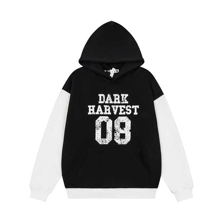 Women's College Style Hoodie Sweatshirt with Contrast Sleeves, Kangaroo Pocket and Vintage Print Mune Fashion