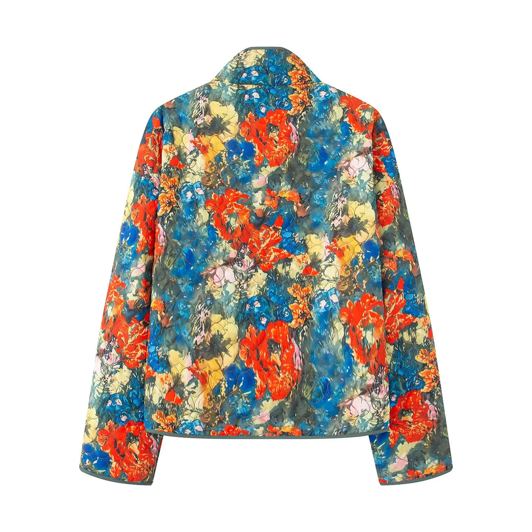 Women's quilted watercolor blouson jacket with cord trim stand-up collar and patch pockets Mune Fashion