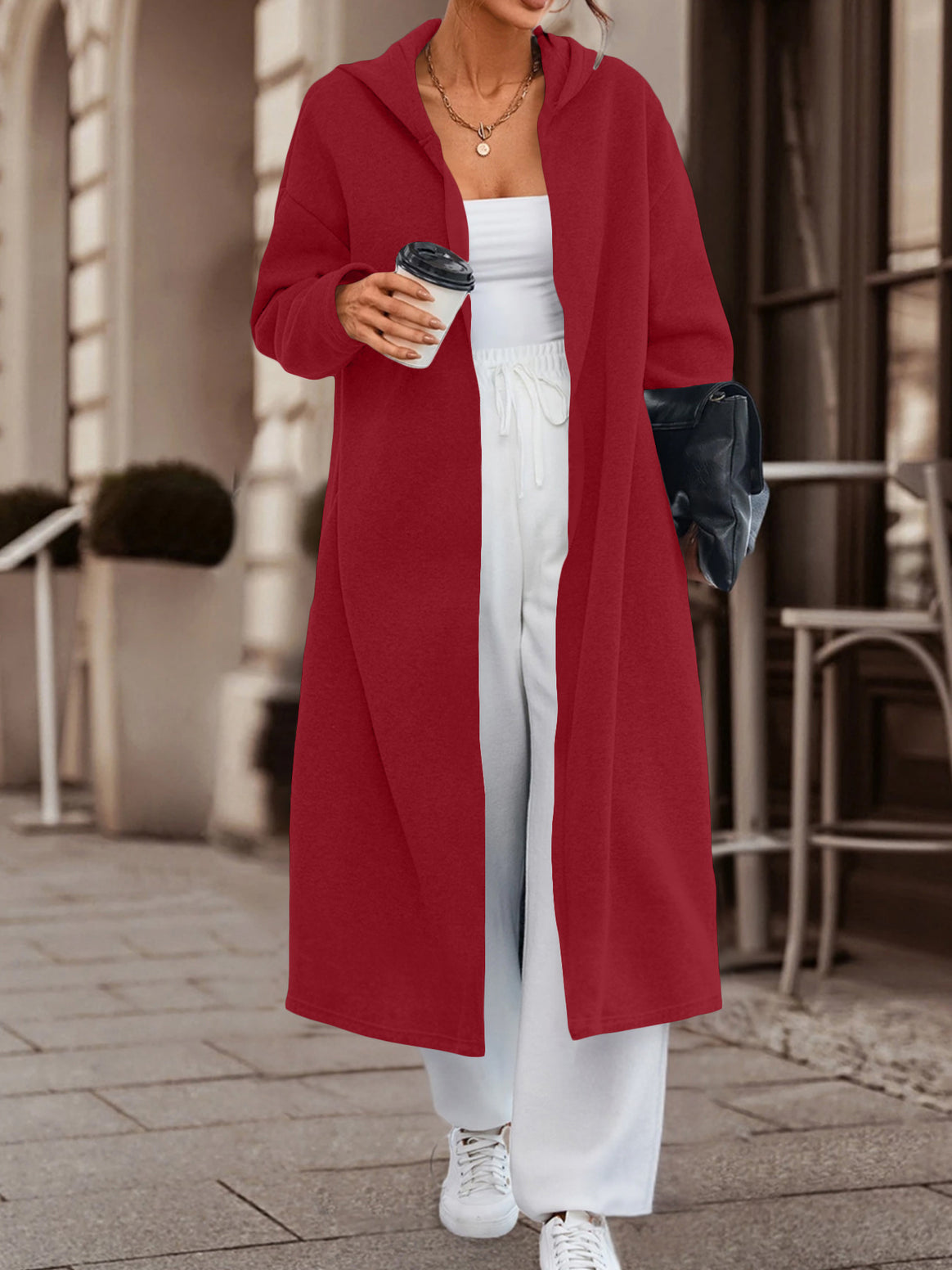 Women Long Oversized Hooded Coat with Open Front and Soft Fleece Lining