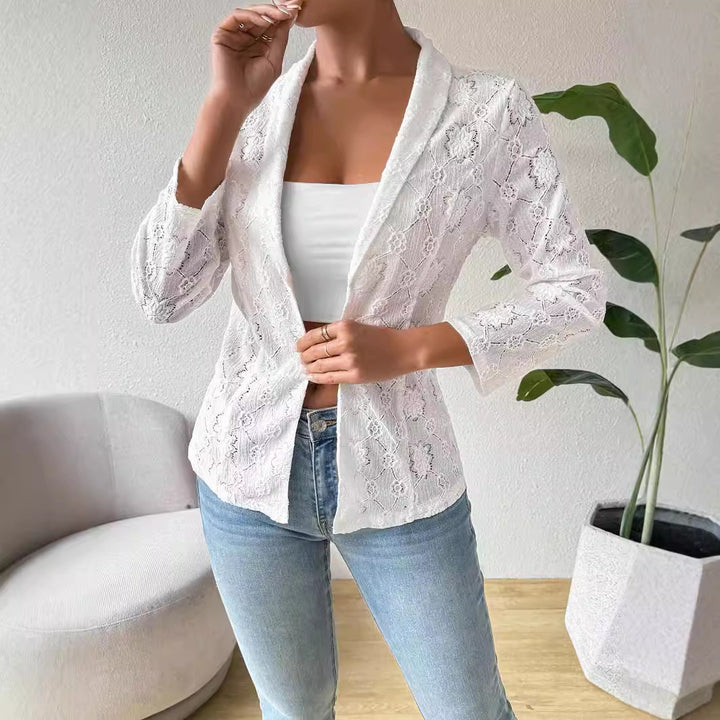 Women's transparent lace blazer with shawl collar and three-quarter length sleeves Mune Fashion