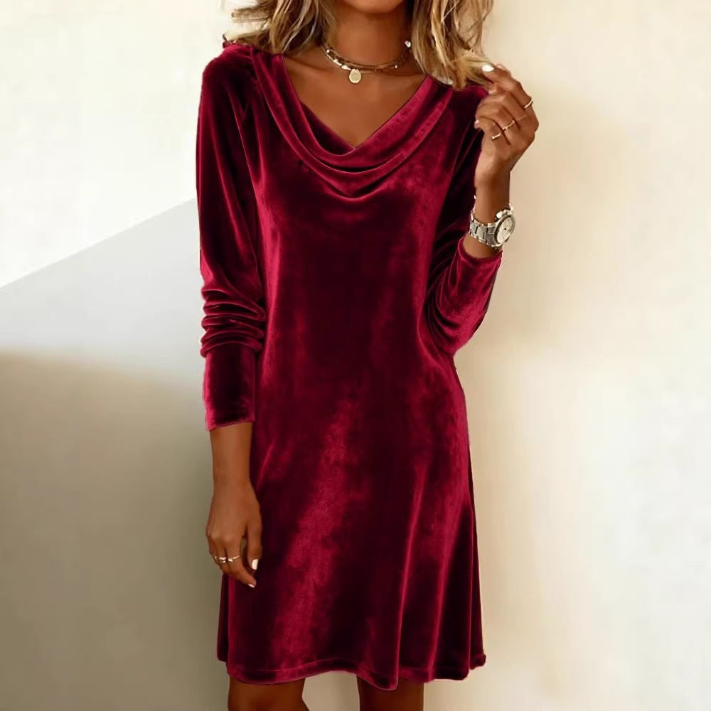 Women Elegant Velvet Mini Dress with Waterfall Neckline and Slim Silhouette Mune Fashion