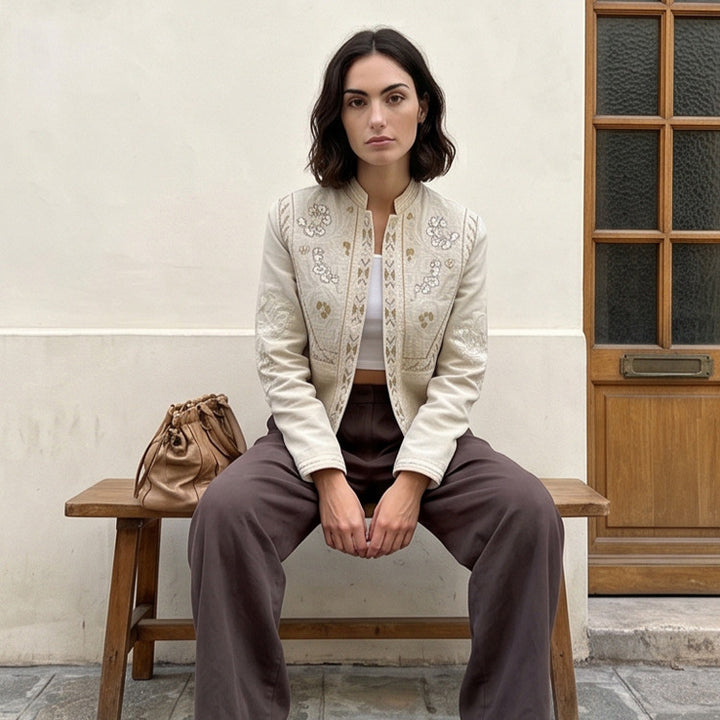 Women's short jacket made of linen blend with elaborate embroidery, stand collar, and tailored silhouette Mune Fashion