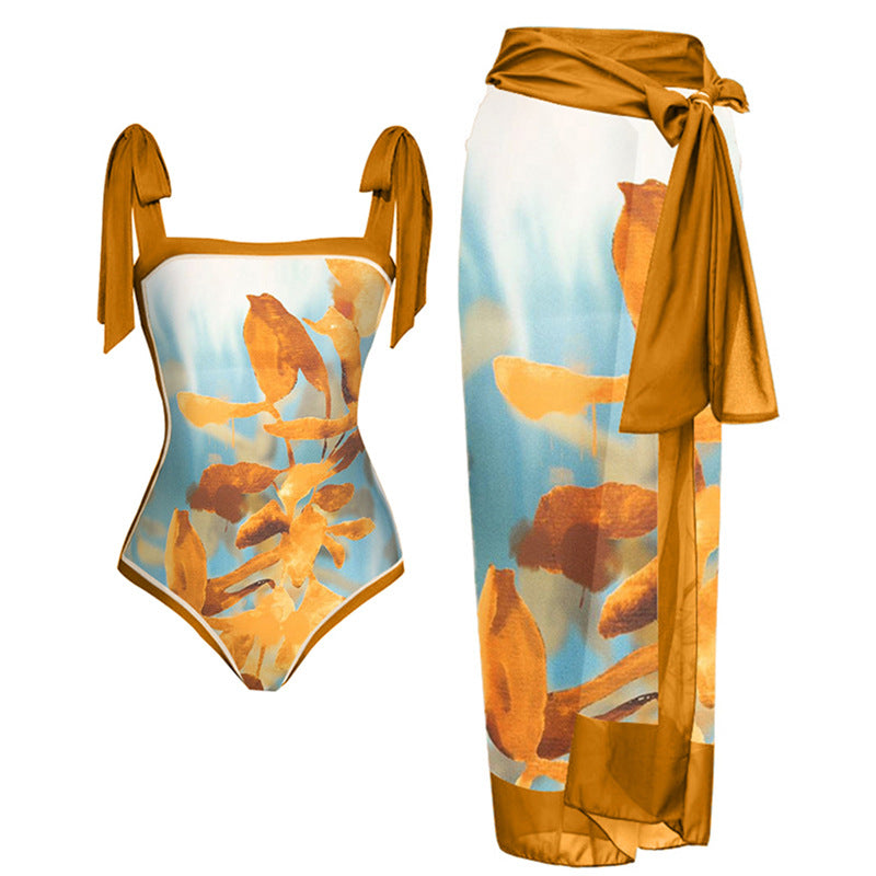 Women's Swimwear Set with Floral Swimsuit and Matching Maxi Skirt Mune Fashion