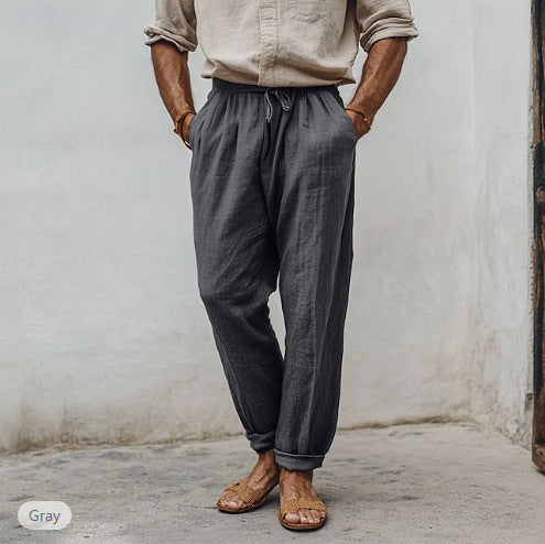 Men's casual linen blend jogger pants with drawstring, angled pockets and narrow ankle cuffs Mune Fashion