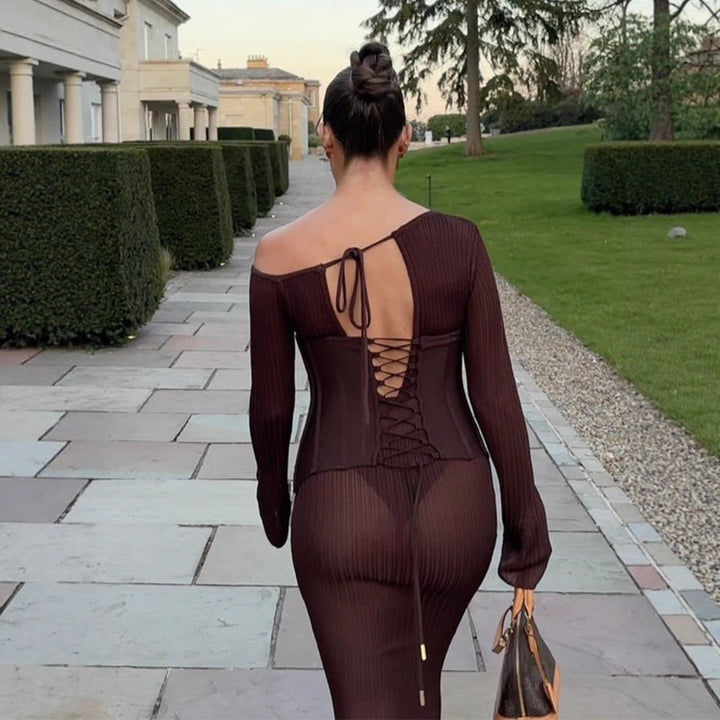 Women's One-Shoulder Maxi Dress with Shaping Corset Waist and Ribbed Knit Mune Fashion