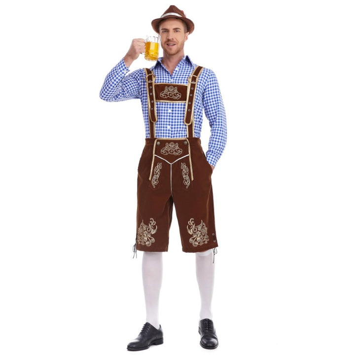 Men's faux-felt leather knee-length pants with baroque embroidery, adjustable straps, and decorative rivets Mune Fashion