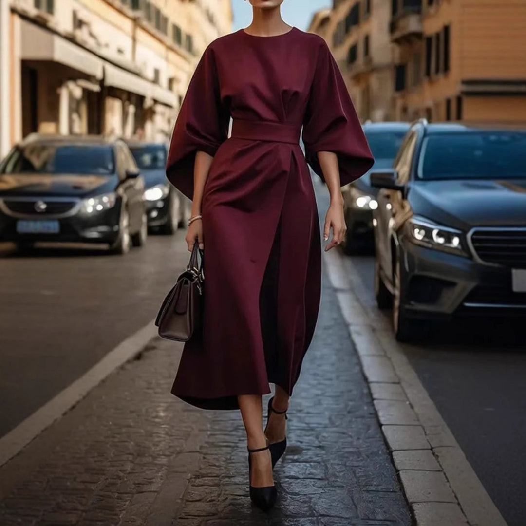 Ladies Elegant Midi Dress with Wide Kimono Sleeves, Tailored Belt and Draped A-Line Mune Fashion