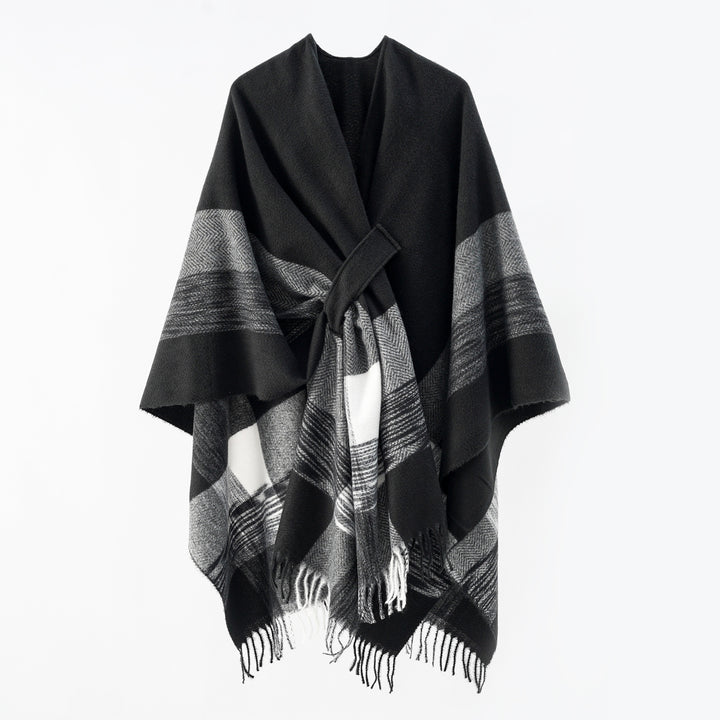 Women's lightweight wool blend wrap with fringes and tie belt Mune Fashion