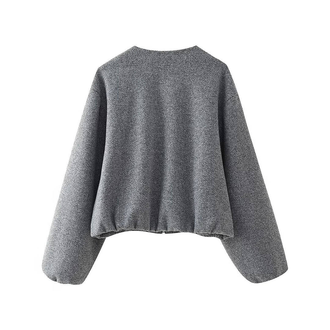 Women's short-cut bomber jacket without collar with balloon sleeves and side pockets Mune Fashion