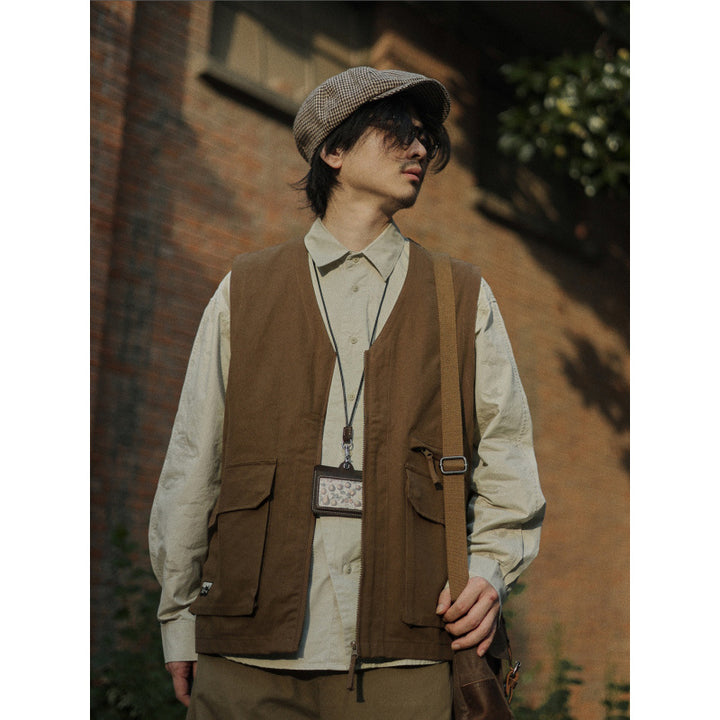 Men's Multifunctional Canvas Utility Vest with Front Pockets and Zipper Mune Fashion