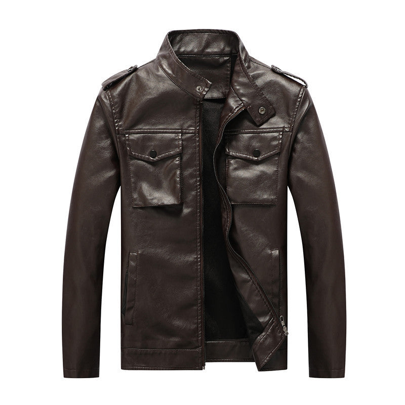 Men's slim artificial leather field blazer with stand-up collar, chest flap pockets, and zipper Mune Fashion