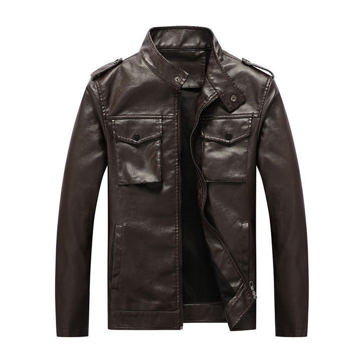 Men's slim artificial leather field blazer with stand-up collar, chest flap pockets, and zipper Mune Fashion