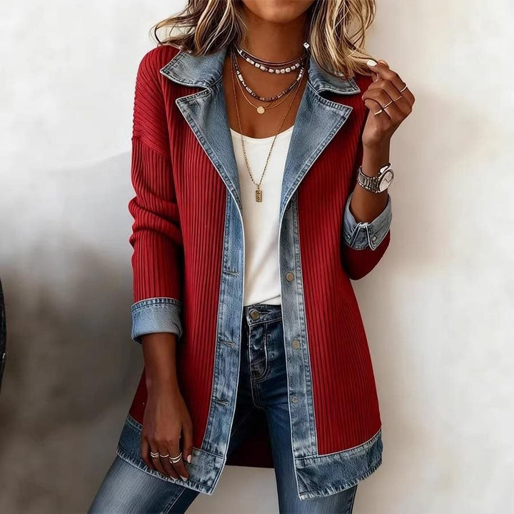 Women's Longline Knit Cardigan with Denim Collar and Hem Trim Mune Fashion
