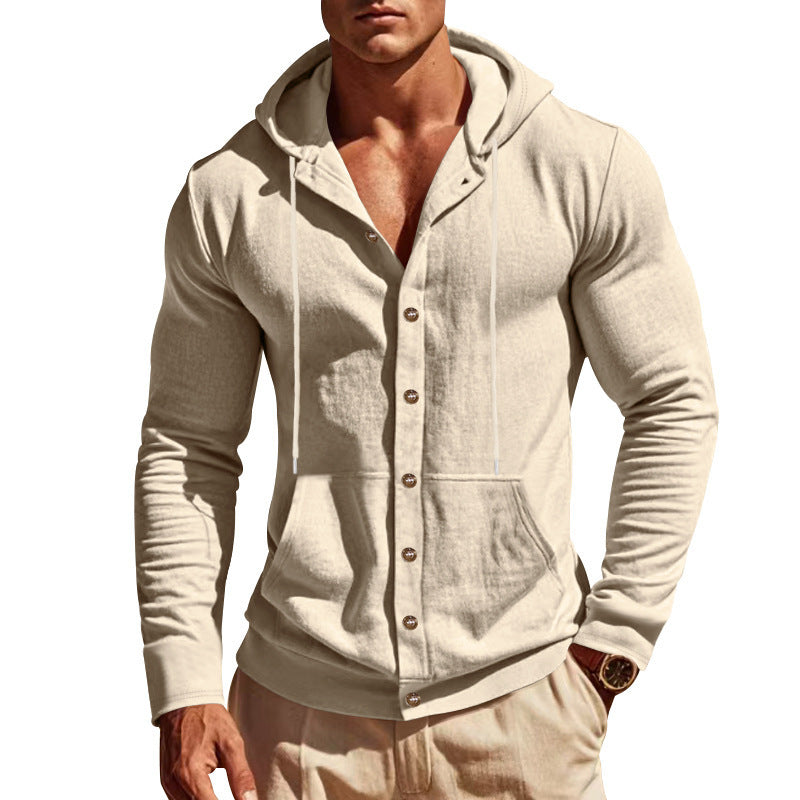 Men's slim-fit hoodie cardigan with full button placket, mounted kangaroo pocket, and lightweight structured knit Mune Fashion