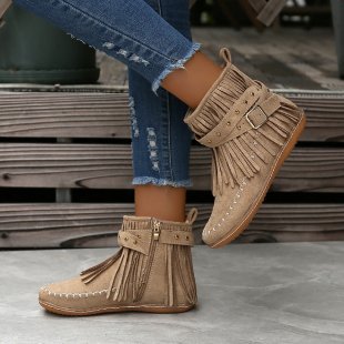 Ladies' ankle-high fringe boots in suede look with decorative buckle, decorative studs, and padded comfort insole Mune Fashion