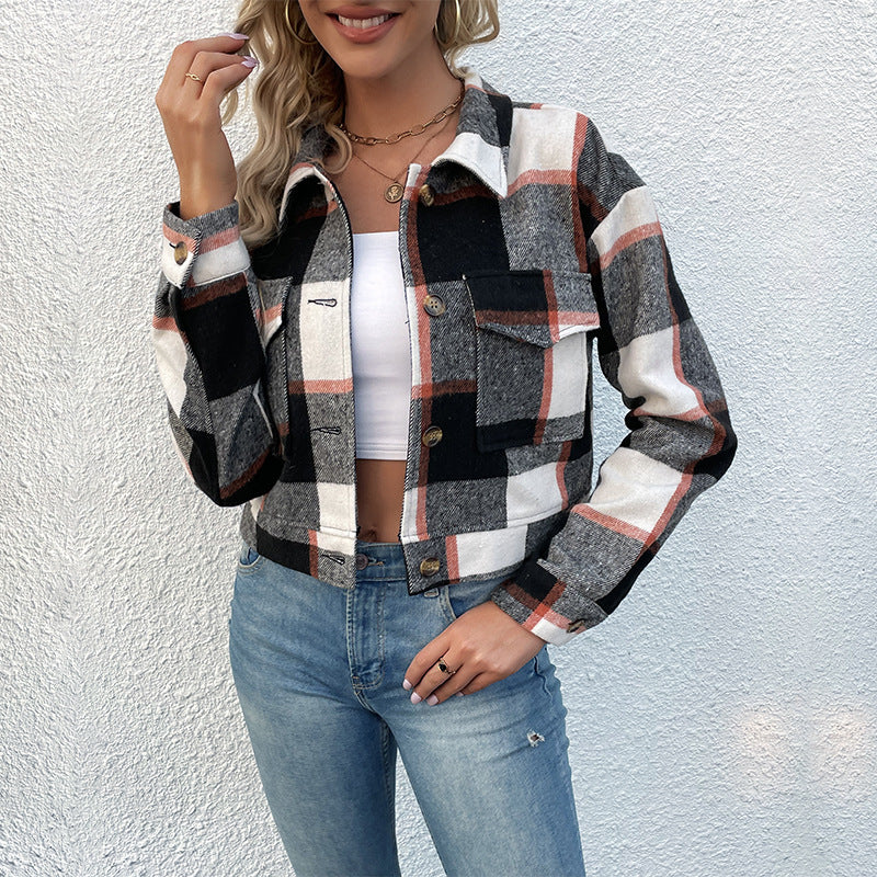 Women Short Cropped Checkered Transition Jacket with Patch Chest Pockets Mune Fashion