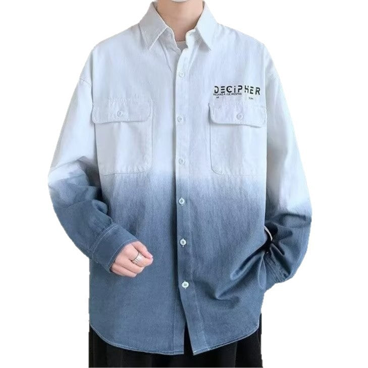 Men's Oversize Dip Dye Cotton Shirt with Chest Pockets and Gradient Coloring Mune Fashion