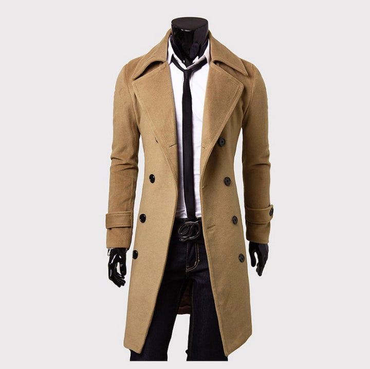 Men's tailored double-breasted trench coat made of wool blend with classic lapels and back vent Mune Fashion