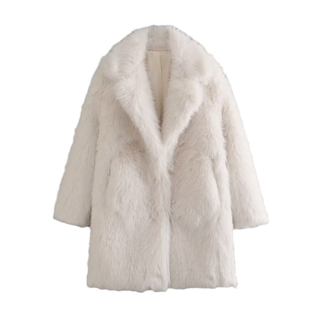 Ladies Luxurious Faux Fur Jacket with Soft Lapel and Large Pockets Mune