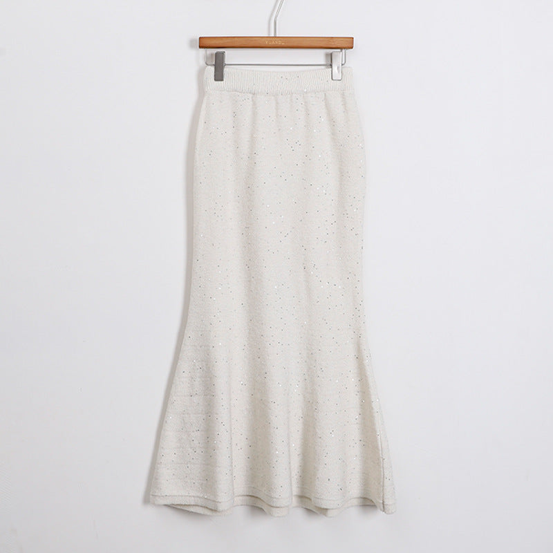 Women's figure-hugging knitted midi skirt with glitter fiber and trumpet hem, Mune Fashion