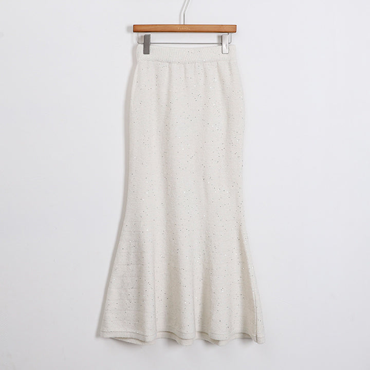 Women's figure-hugging knitted midi skirt with glitter fiber and trumpet hem, Mune Fashion