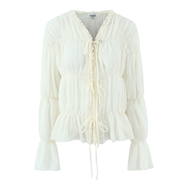 Women's Transparent Chiffon Blouse with Ruffle Ties, Tiered Cut and Waist Gathering Mune Fashion