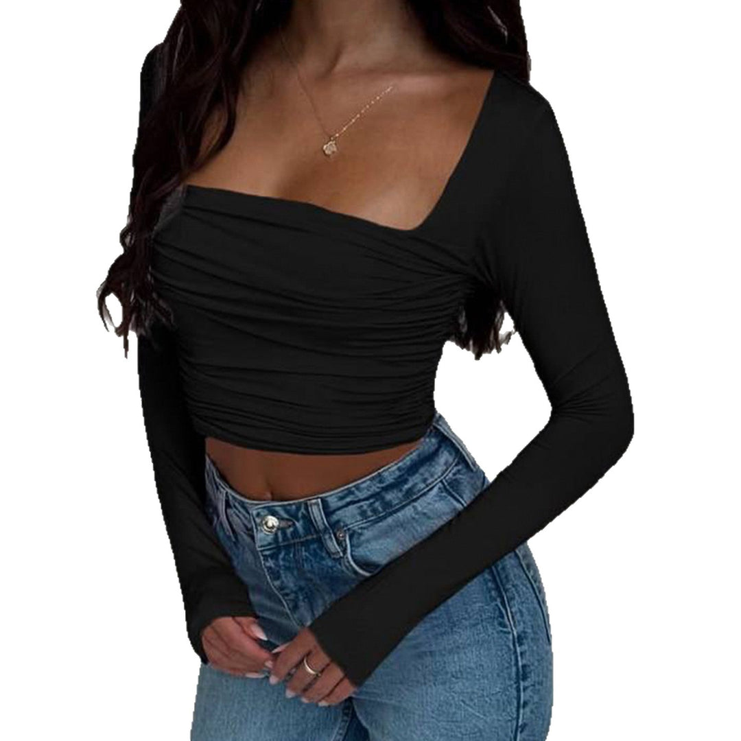 Women Tailored Long-Sleeved Crop Top with Square Neckline and Ruching Mune Fashion