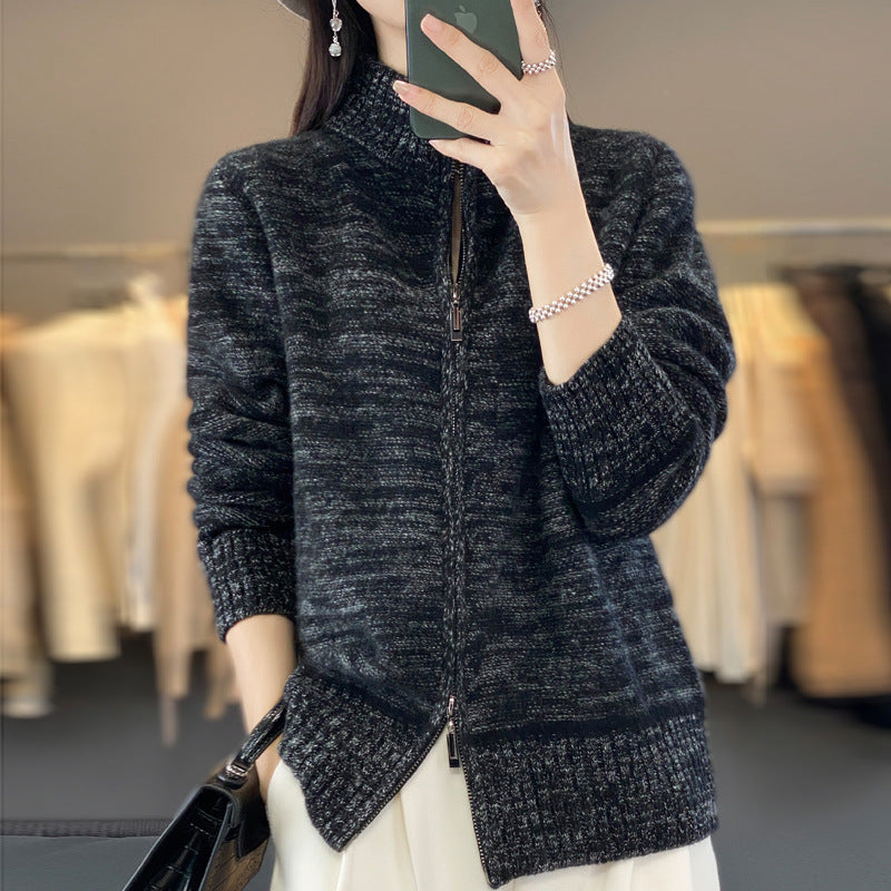 Women's zip-up cardigan with mottled texture and stand-up collar Mune Fashion