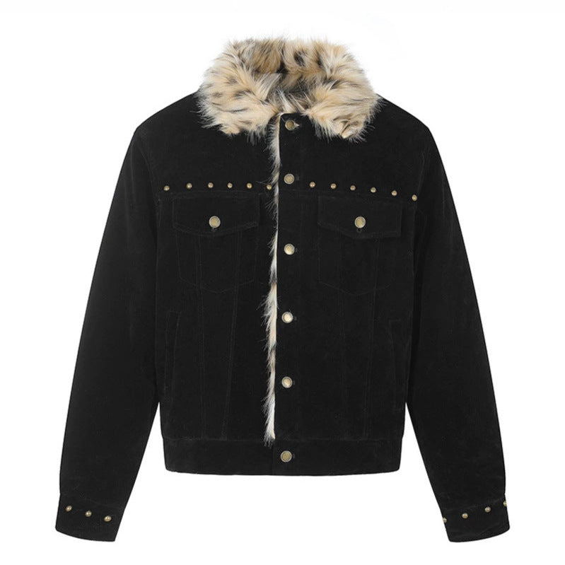 Men's suede trucker jacket with faux fur collar, stud embellishments and snap button closure Mune Fashion