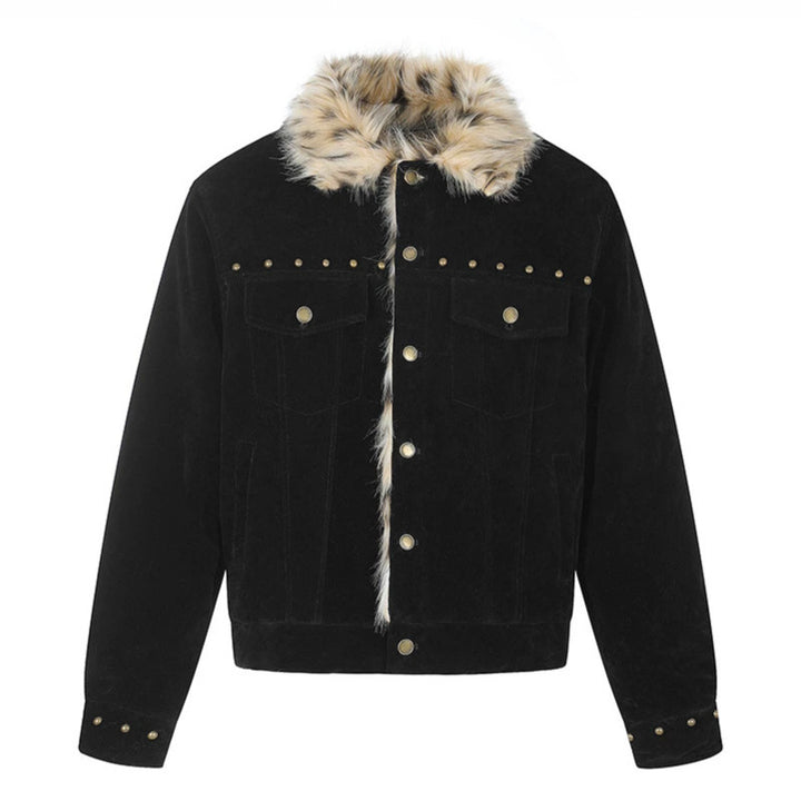 Men's suede trucker jacket with faux fur collar, stud embellishments and snap button closure Mune Fashion