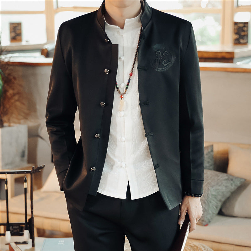Men's Asian-inspired Mandarin jacket with stand-up collar, knot button placket, and tonal embroidered emblem Mune Fashion