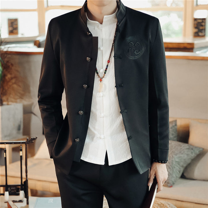 Men's Asian-inspired Mandarin jacket with stand-up collar, knot button placket, and tonal embroidered emblem Mune Fashion