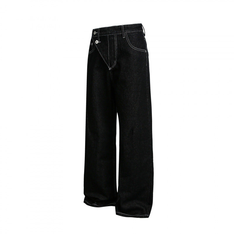 Women's Wide High-Waist Denim Jeans with Asymmetric Button Placket and Contrast Stitching Mune Fashion