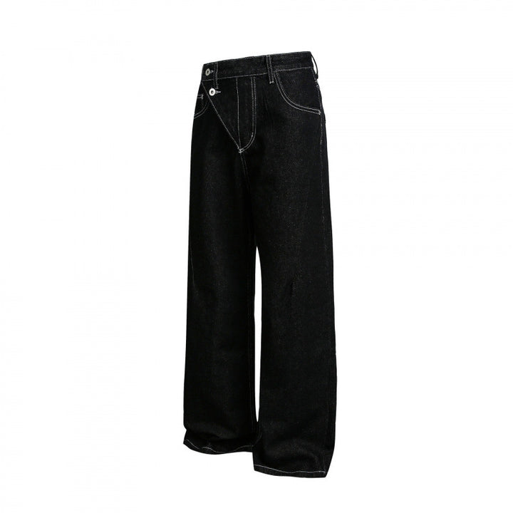 Women's Wide High-Waist Denim Jeans with Asymmetric Button Placket and Contrast Stitching Mune Fashion