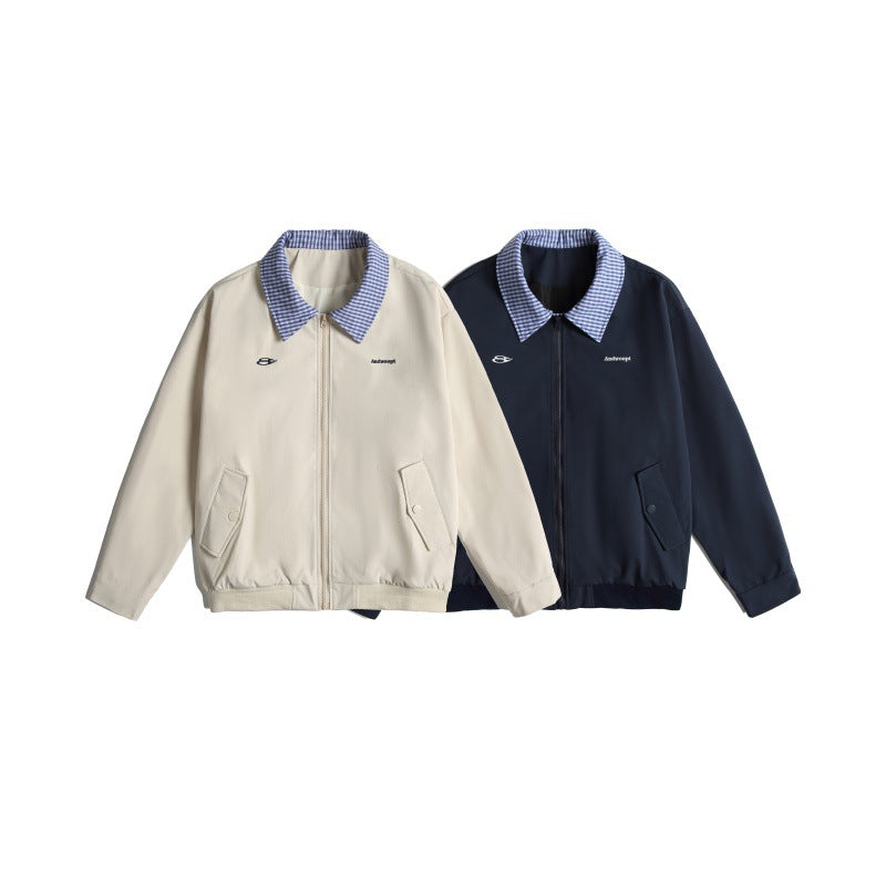 Men's Lightweight Harrington Bomber Jacket with Checkered Shirt Collar and Flap Pockets Mune Fashion