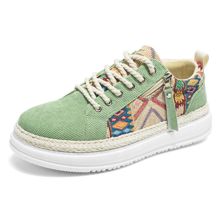 Women's espadrille-inspired platform sneakers with woven ethnic inserts, side zipper, and cushioned lightweight sole Mune Fashion