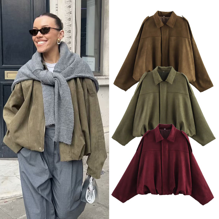Ladies Oversized Suede Jacket with Shoulder Flaps, Concealed Button Placket and Elastic Hem Mune Fashion