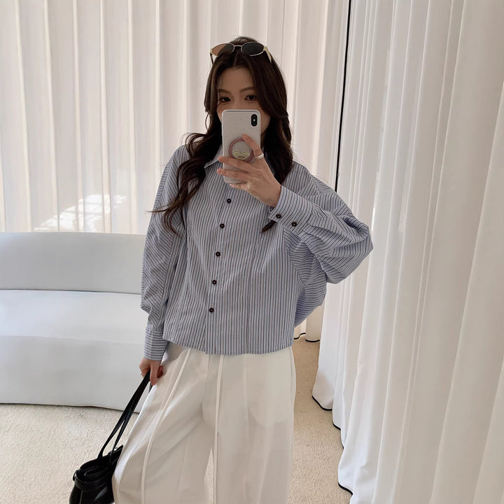 Women Oversized Shirt Blouse with Striped Pattern and Balloon Sleeves Mune Fashion