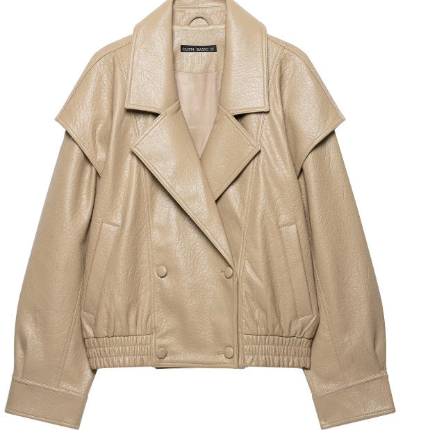 Women Short Blouson made of Artificial Leather with Double-Breasted Button Placket and Shoulder Cape Mune Fashion