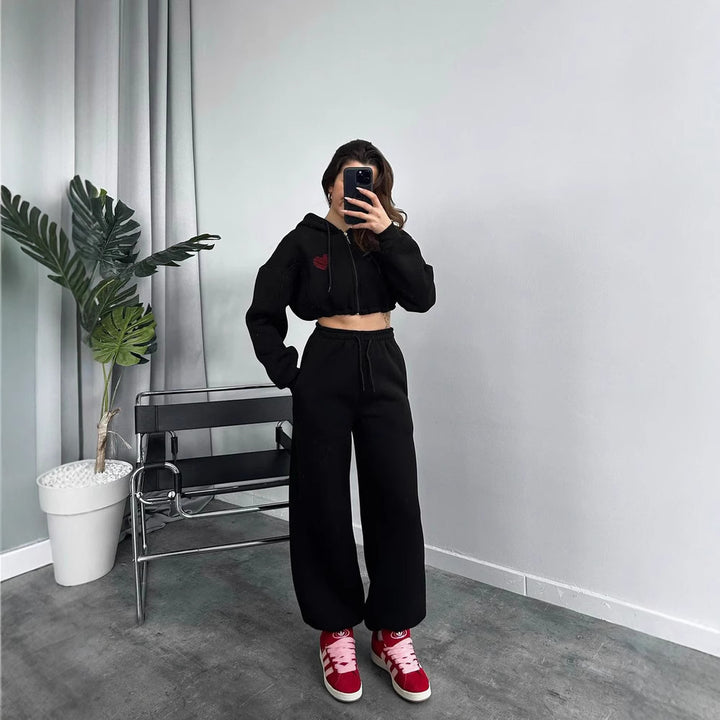 Ladies Cropped Hooded Zip Set with Heart Embroidery and Wide High-Waist Jogging Pants Mune Fashion