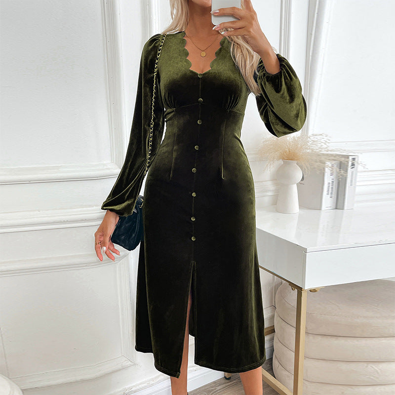 Women's velvet midi dress with wavy edge at the V-neck, decorative button placket and side leg slit Mune Fashion