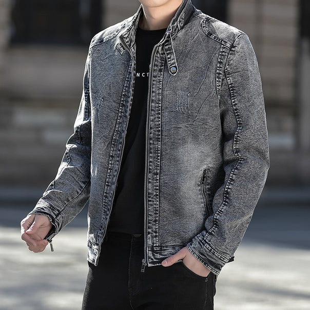 Men's Slim-Fit Washed Denim Jacket with Stand Collar and Zipper Mune Fashion