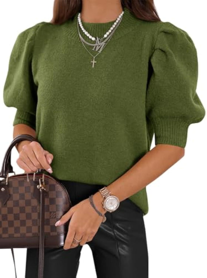 Women's short-cut fine knit sweater with puff sleeves and ribbed cuffs Drune
