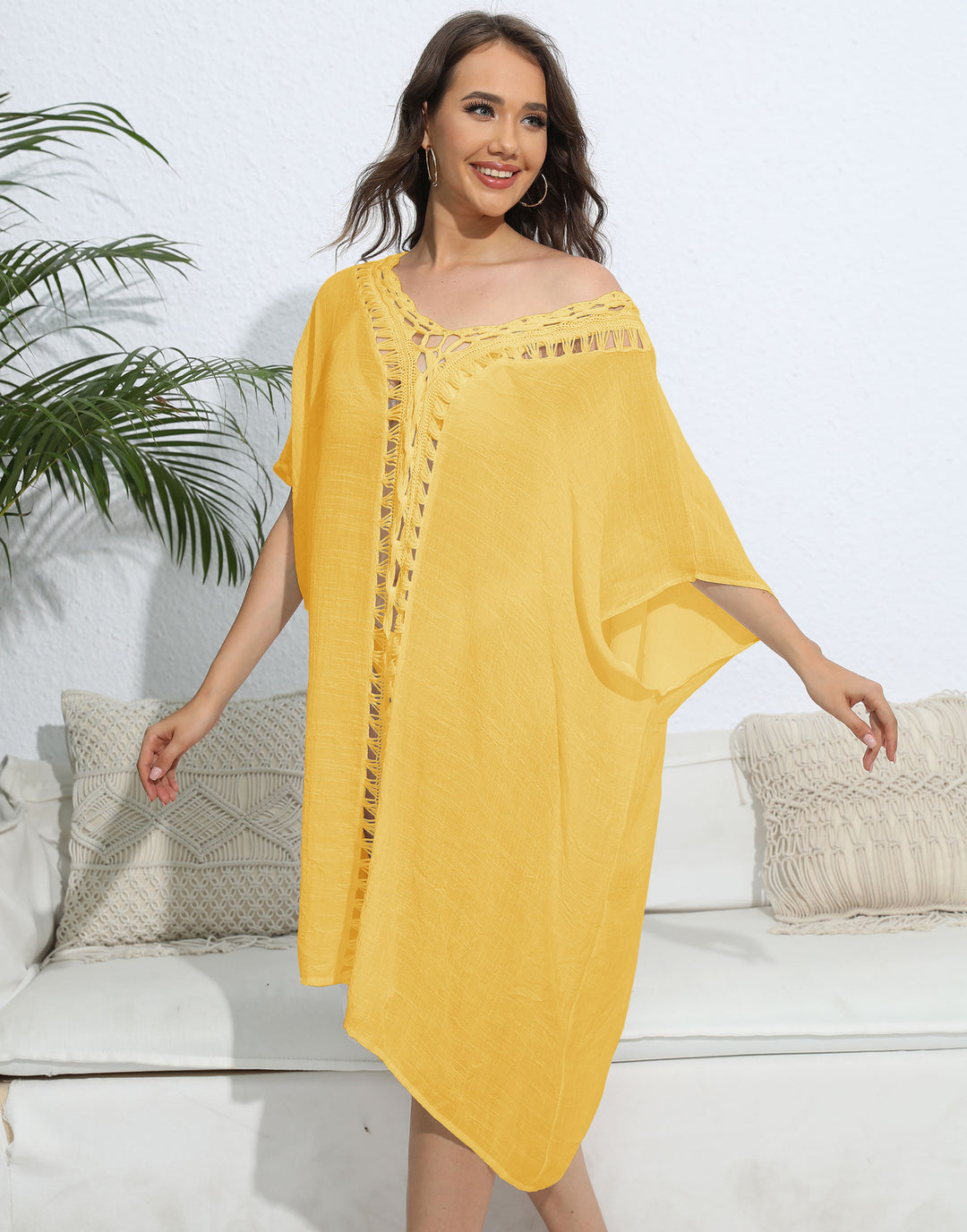 Women's airy kaftan with delicate crochet pattern Mune Fashion