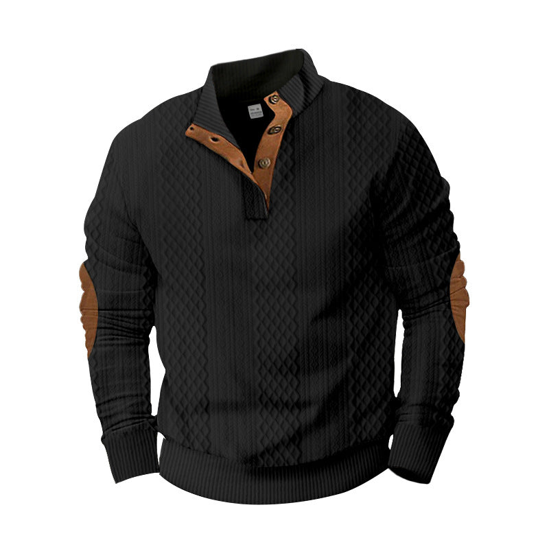 Men's structured Henley pullover with stand-up collar, button placket and leather-look elbow patches Mune Fashion