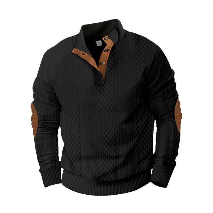 Men's structured Henley pullover with stand-up collar, button placket and leather-look elbow patches Mune Fashion