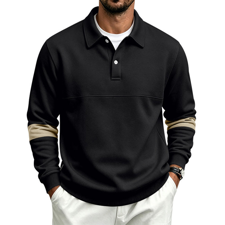 Men's Long Sleeve Polo Shirt Sweatshirt with Concealed Button Placket, Chest Seam and Contrast Stripes Mune Fashion